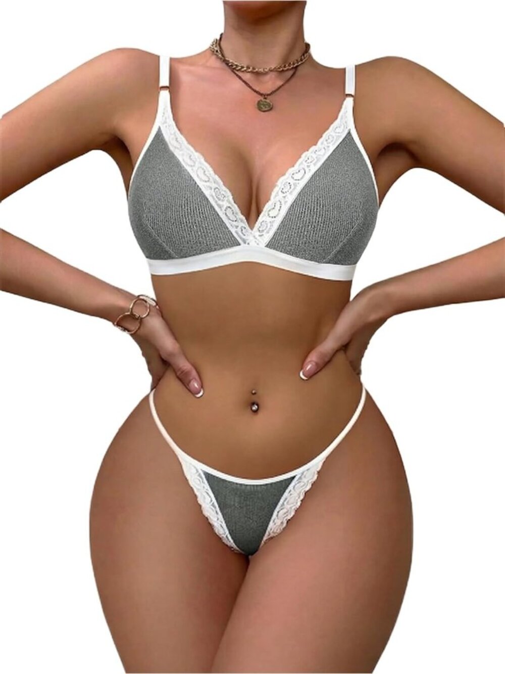 🆕Women's Light Grey Ribbed Bra and Pany Set with Lace Trim Bralettes Lingerie